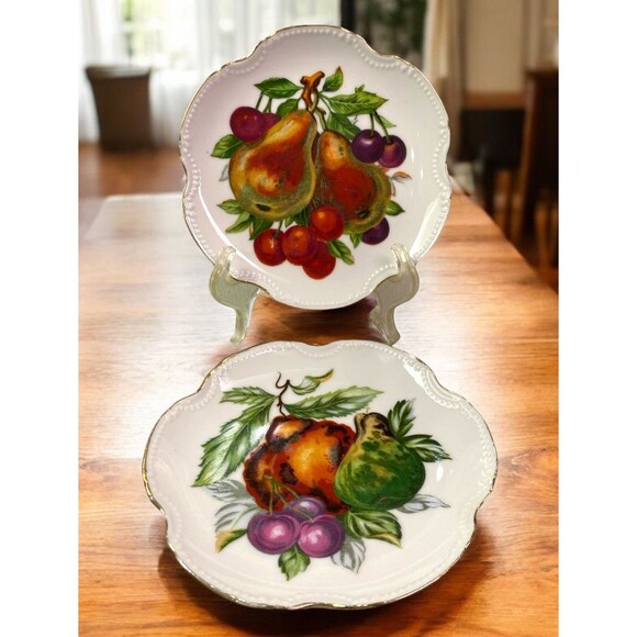 VTG Lego Wall Hanging Porcelain Plate Fruit Gold Trim Deco 6" Japan Set Of 2 - Picture 1 of 11